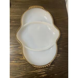 Vintage Milk Glass Divided Dish Fire King Ware White & Gold Made In USA